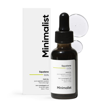 Minimalist bottle front view showing 100% squalane and clear label, highlights purity