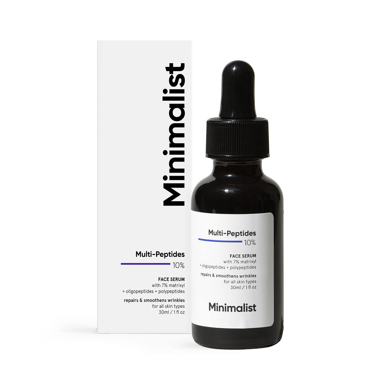 Minimalist front packaging showing serum bottle and clean benefit