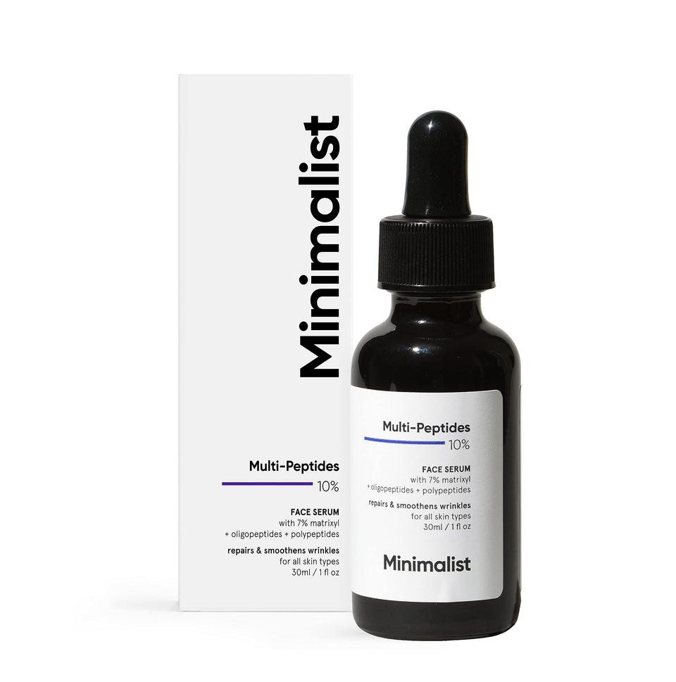 Minimalist front packaging showing serum bottle and clean benefit