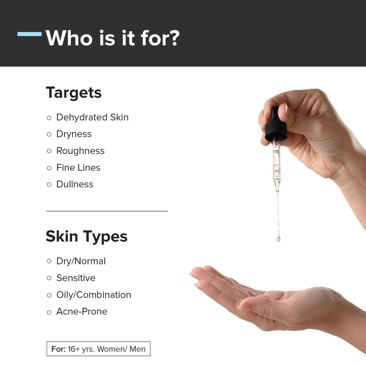 Minimalist dropper dispensing clear serum texture for quick lightweight hydration