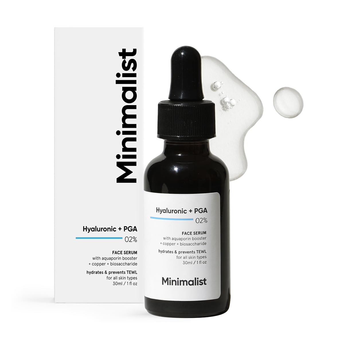 Minimalist front packaging showing serum bottle and clear minimalist design benefits