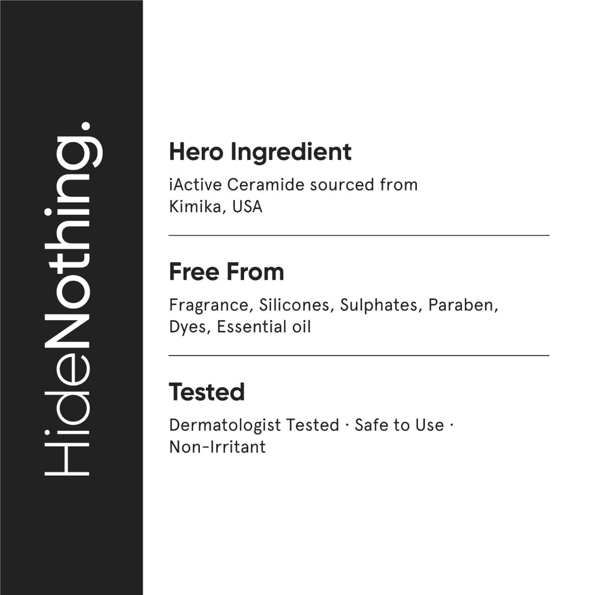 Minimalist ingredient label close-up showing ceramides and madecassoside transparency
