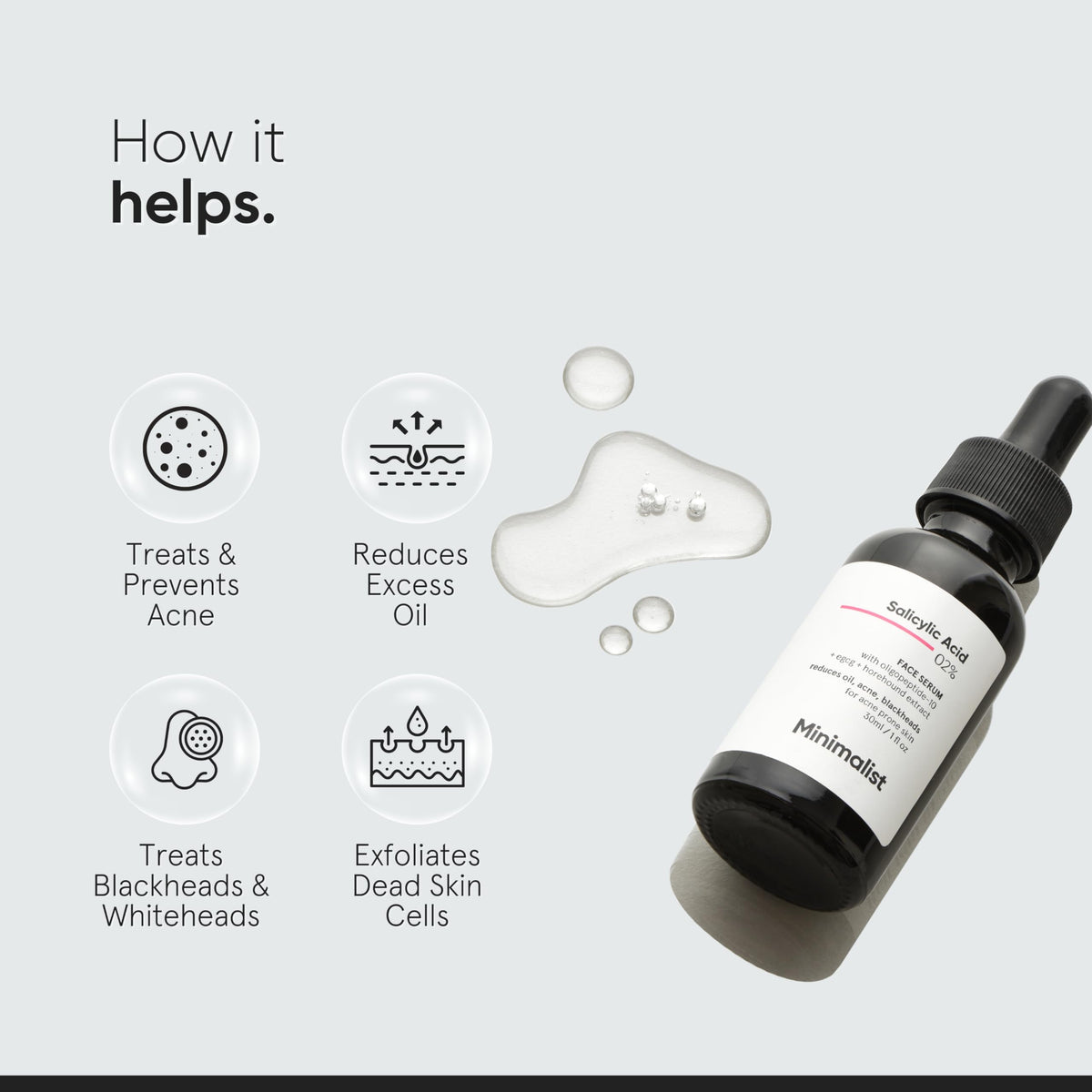 Minimalist close-up label displaying salicylic acid ingredient list and clean formulation
