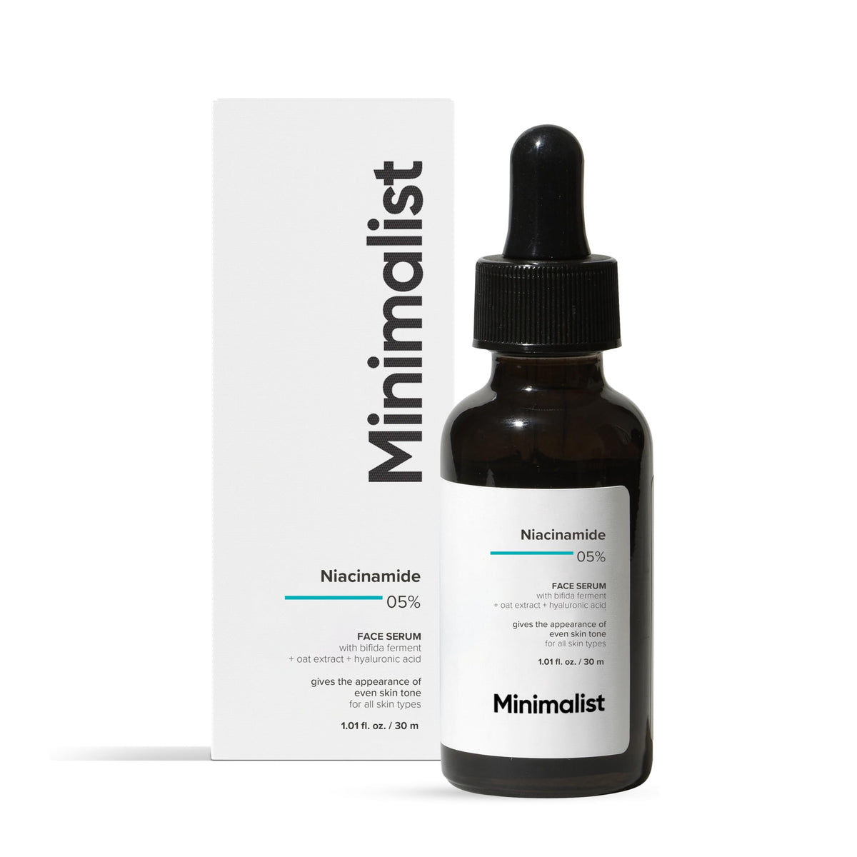 Minimalist front label bottle showing product name and 5% niacinamide benefit