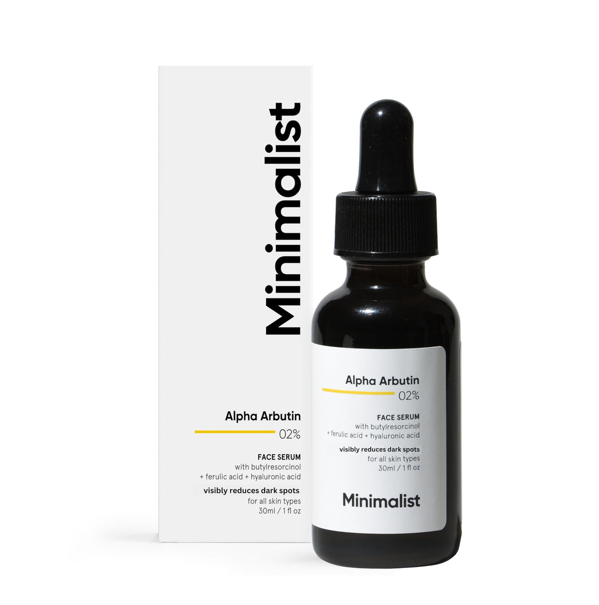 Minimalist front packaging of 2% Alpha Arbutin serum showing label and bottle for clear identification