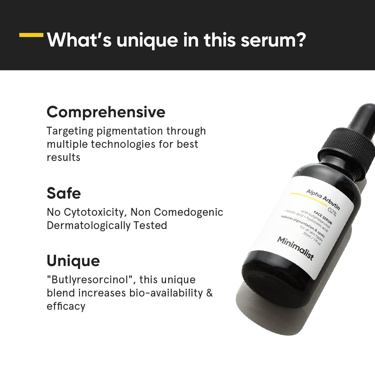 Minimalist ingredient label close-up showing 2% alpha arbutin and hyaluronic acid for targeted brightening