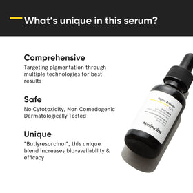 Minimalist ingredient label close-up showing 2% alpha arbutin and hyaluronic acid for targeted brightening