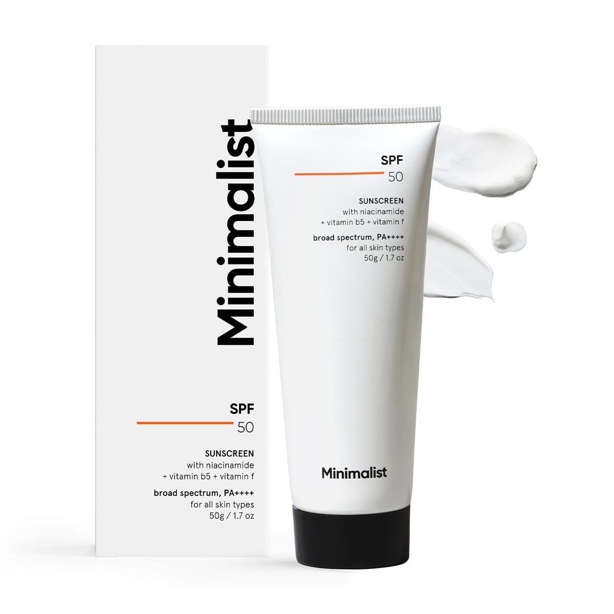 Minimalist sunscreen front packaging showing SPF 50 and compact 50g tube, protective daily use