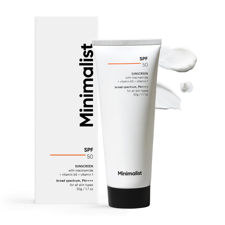 Minimalist sunscreen front packaging showing SPF 50 and compact 50g tube, protective daily use