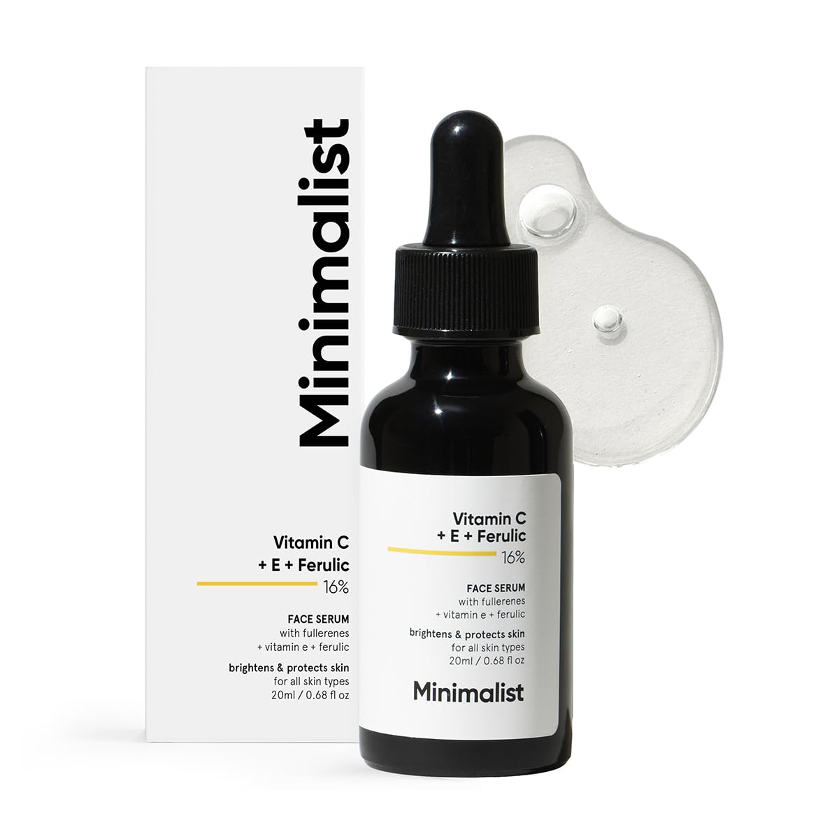 Minimalist serum front packaging showing brand and concentration, highlights concentrated antioxidants