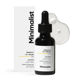 Minimalist serum front packaging showing brand and concentration, highlights concentrated antioxidants