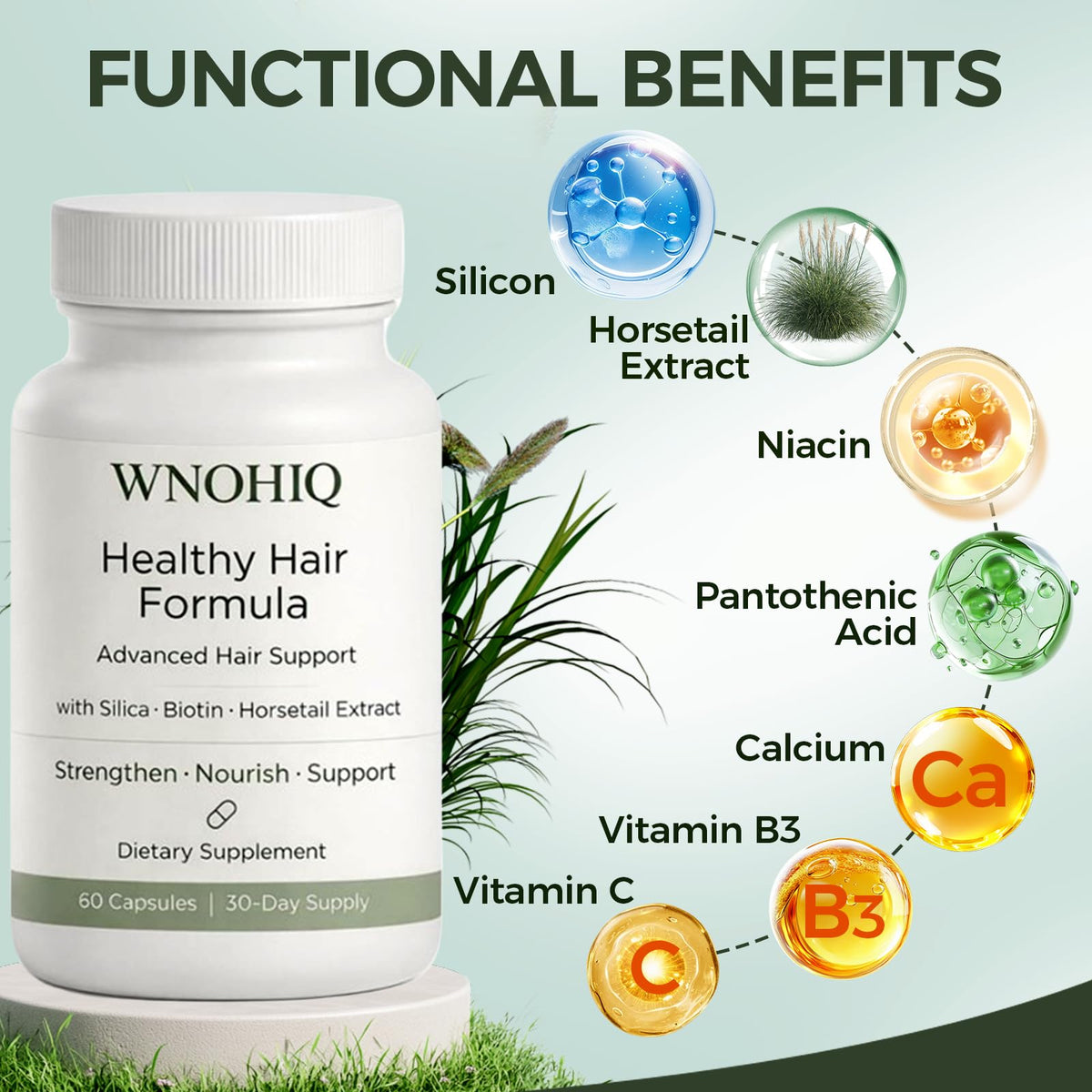minnah label ingredients view highlighting silica, biotin and vitamin blend