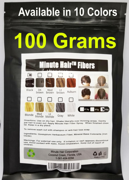 Minute Hair front pouch refill showing label and black fiber quantity benefits fuller coverage
