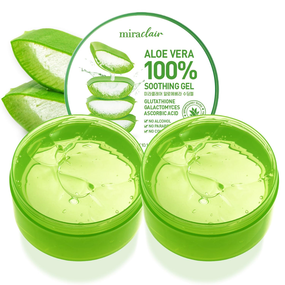 MIRACLAIR front packaging shows two bottles, clear gel soothing benefits