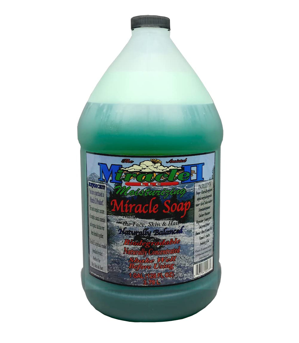 Miracle II gallon bottle front label shows product benefits and clear packaging