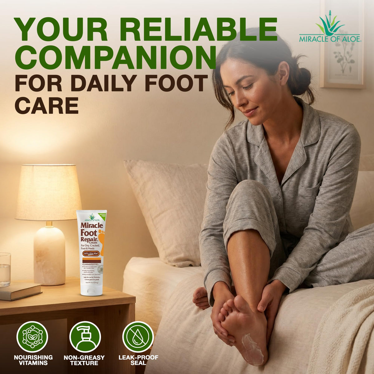 Miracle of Aloe cream being massaged into heel demonstrating quick softening benefit