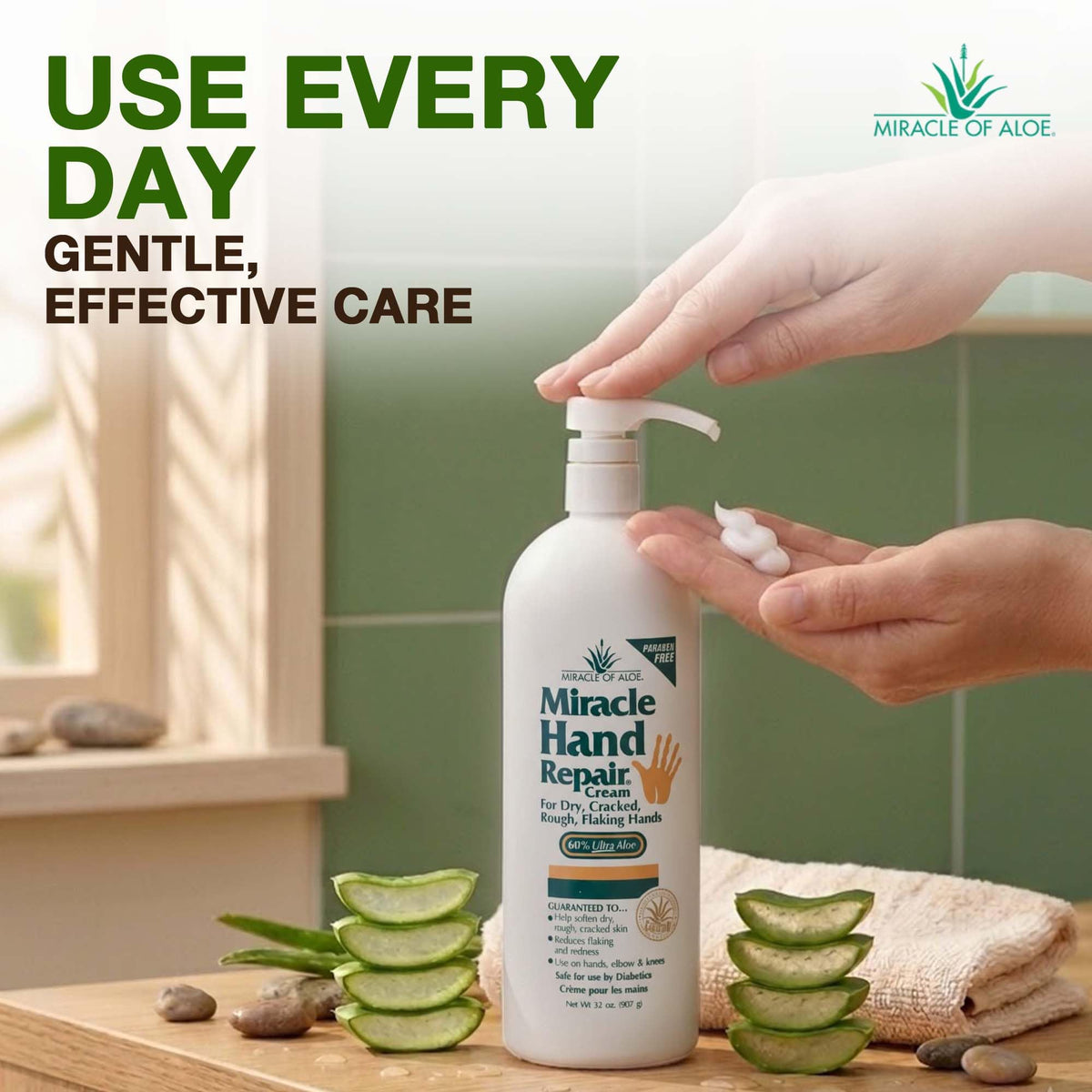 Miracle of Aloe bottle on bathroom counter, convenient everyday home use