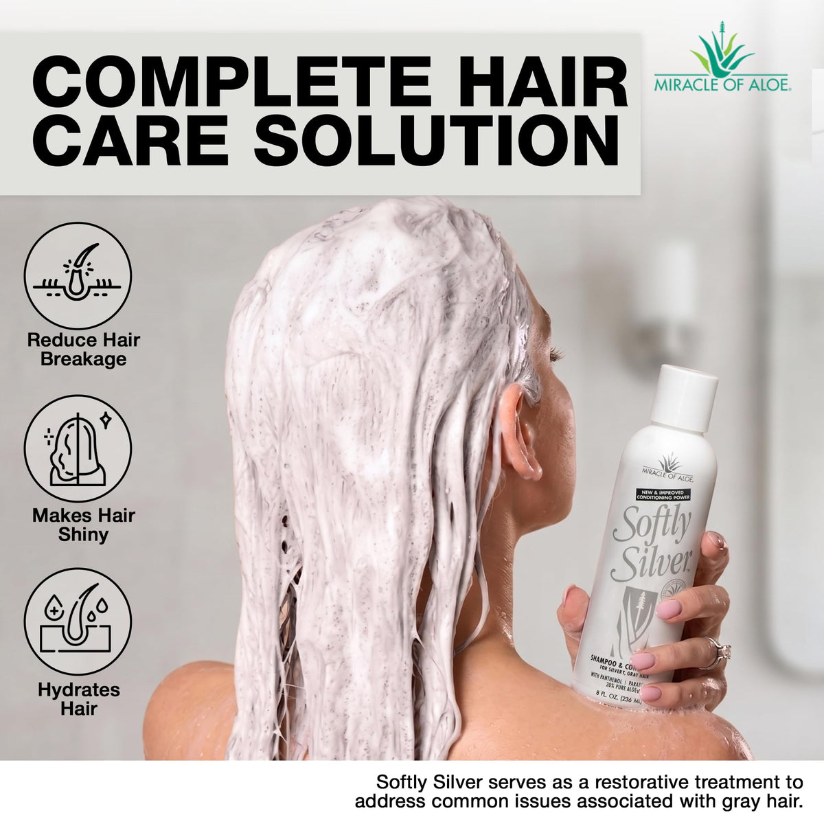 Miracle of Aloe before and after gray hair comparison illustrating reduced brassiness