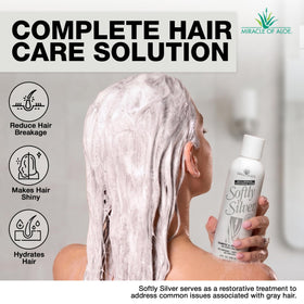 Miracle of Aloe before and after gray hair comparison illustrating reduced brassiness