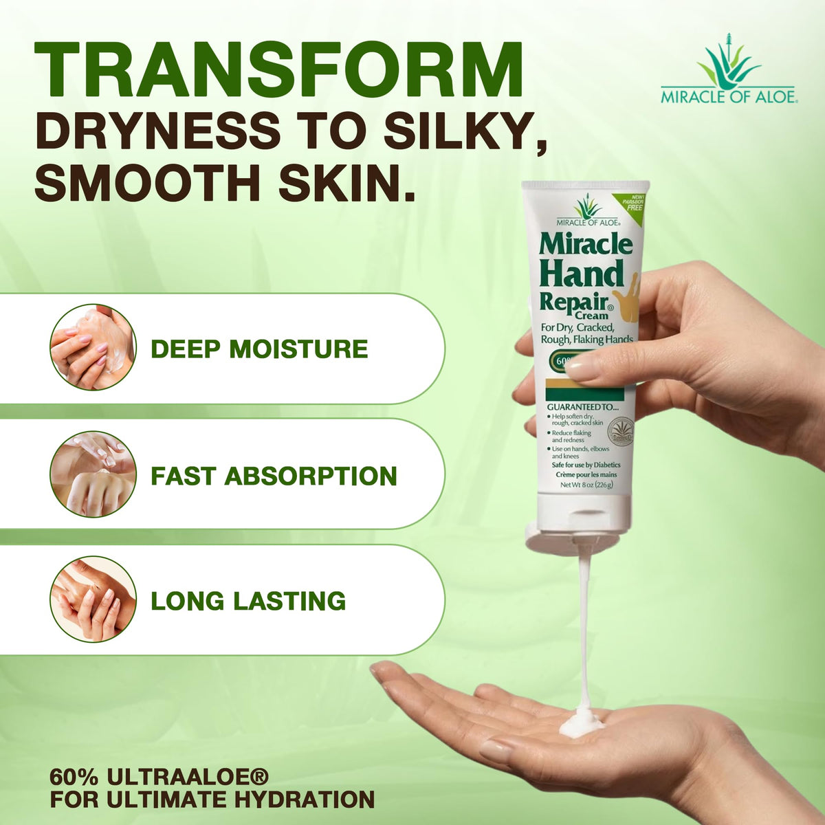 Miracle of Aloe creamy texture on fingertip showing quick absorption