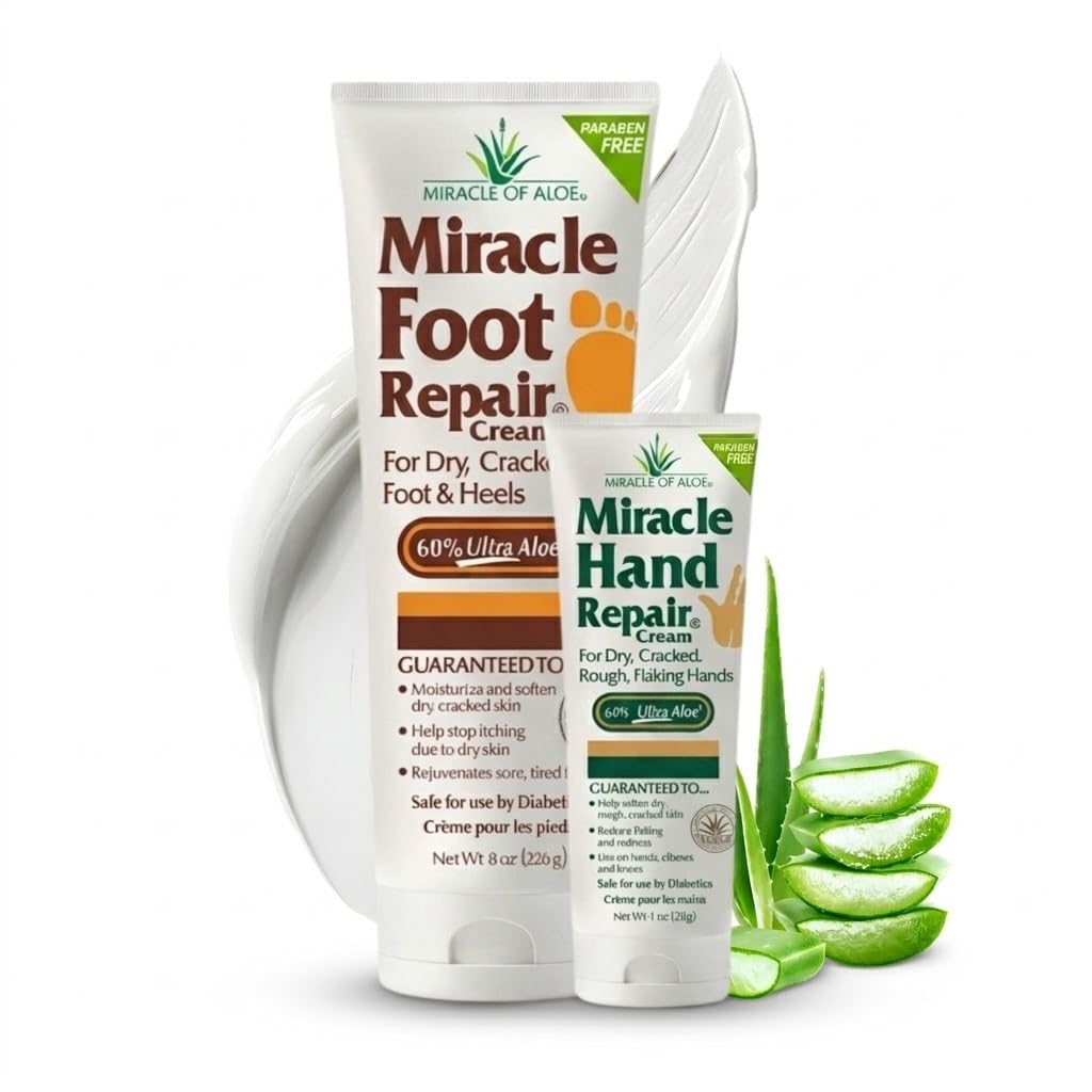 Miracle of Aloe foot cream front packaging shows size and easy dispensing benefit