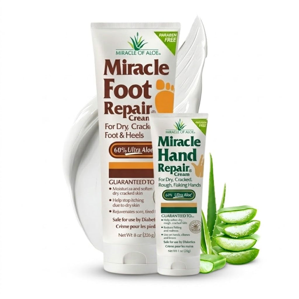 Miracle of Aloe foot cream front packaging shows size and easy dispensing benefit