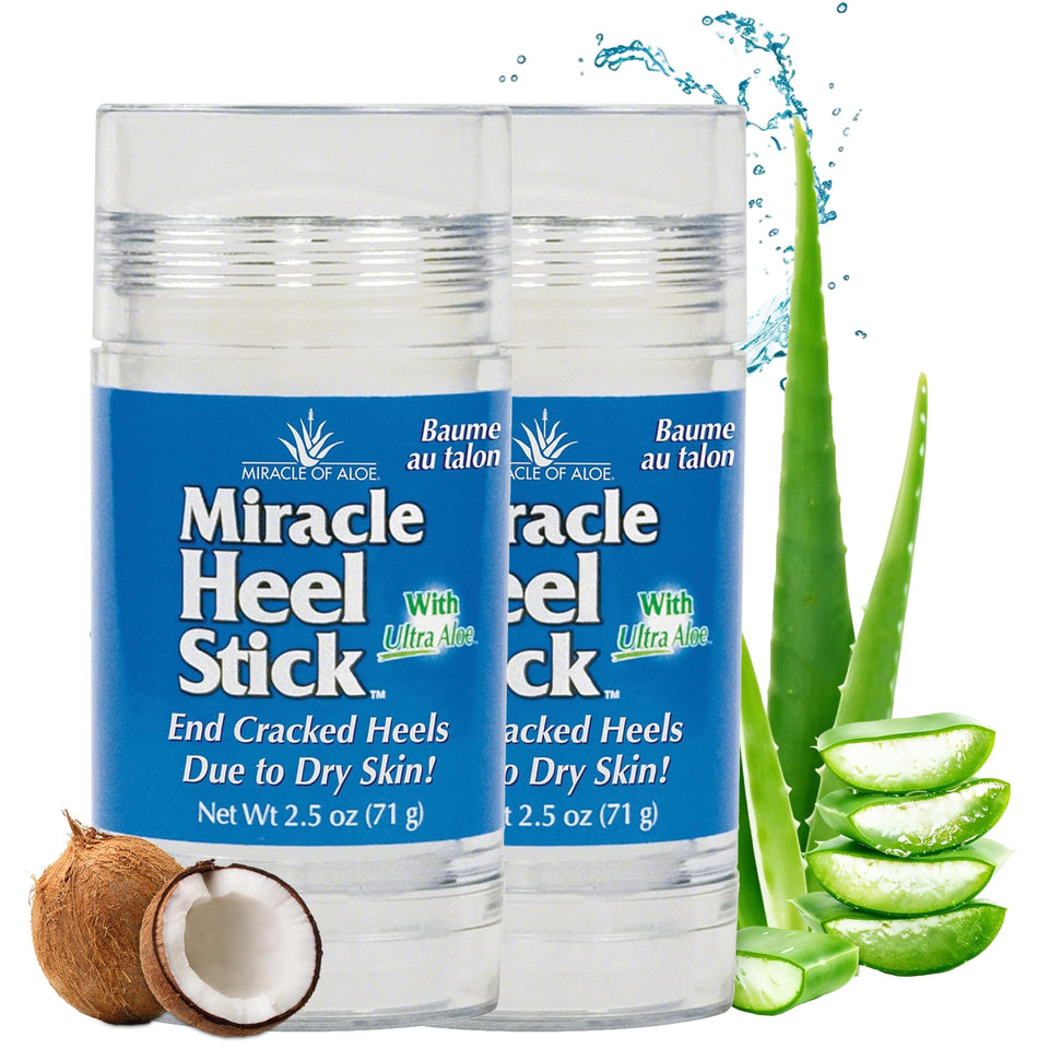 Miracle of Aloe front packaging showing two heel sticks and benefits