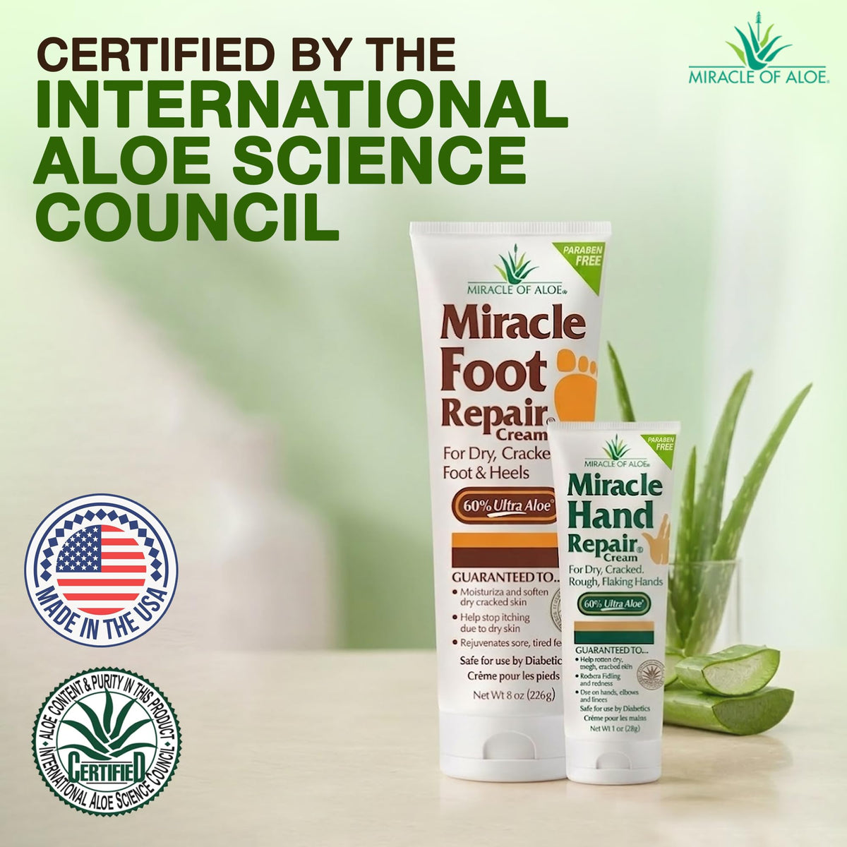 Miracle of Aloe hand repair tube close-up highlights fast-absorbing texture benefit