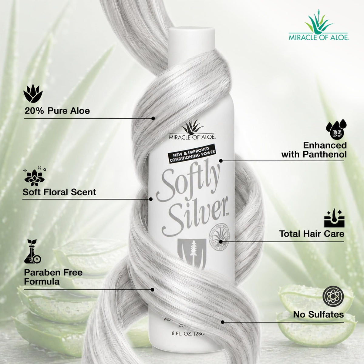 Miracle of Aloe lather on gray hair in hand demonstrating gentle cleansing action