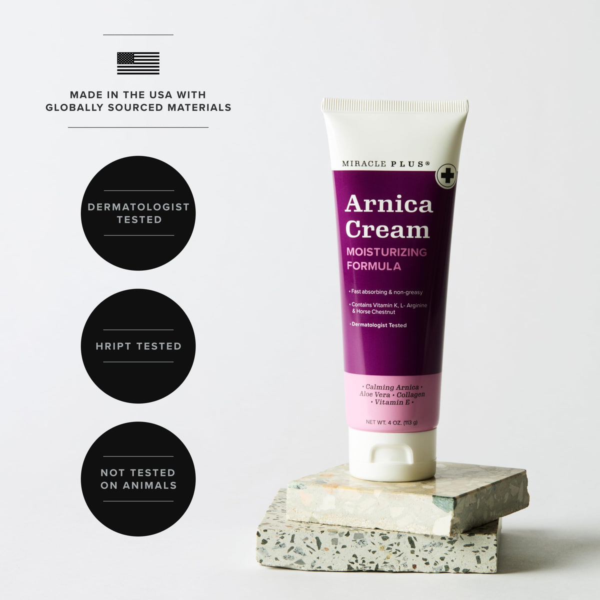 Miracle Plus gel rubbed into skin illustrating fast absorption and dryness reduction