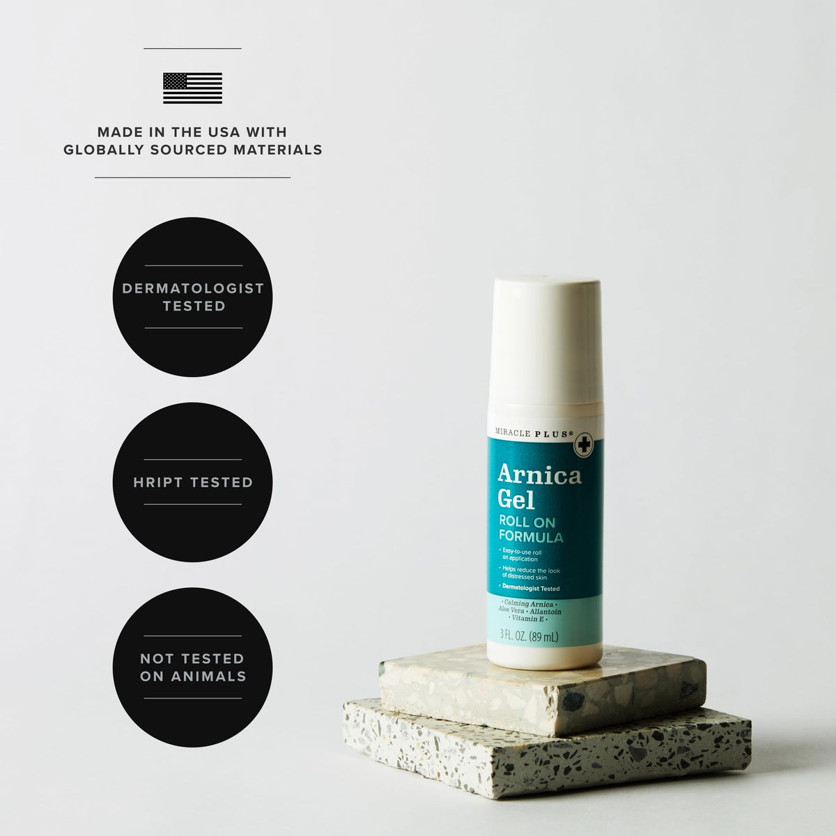 Miracle Plus ingredients label close-up highlighting Arnica and Vitamin K benefit