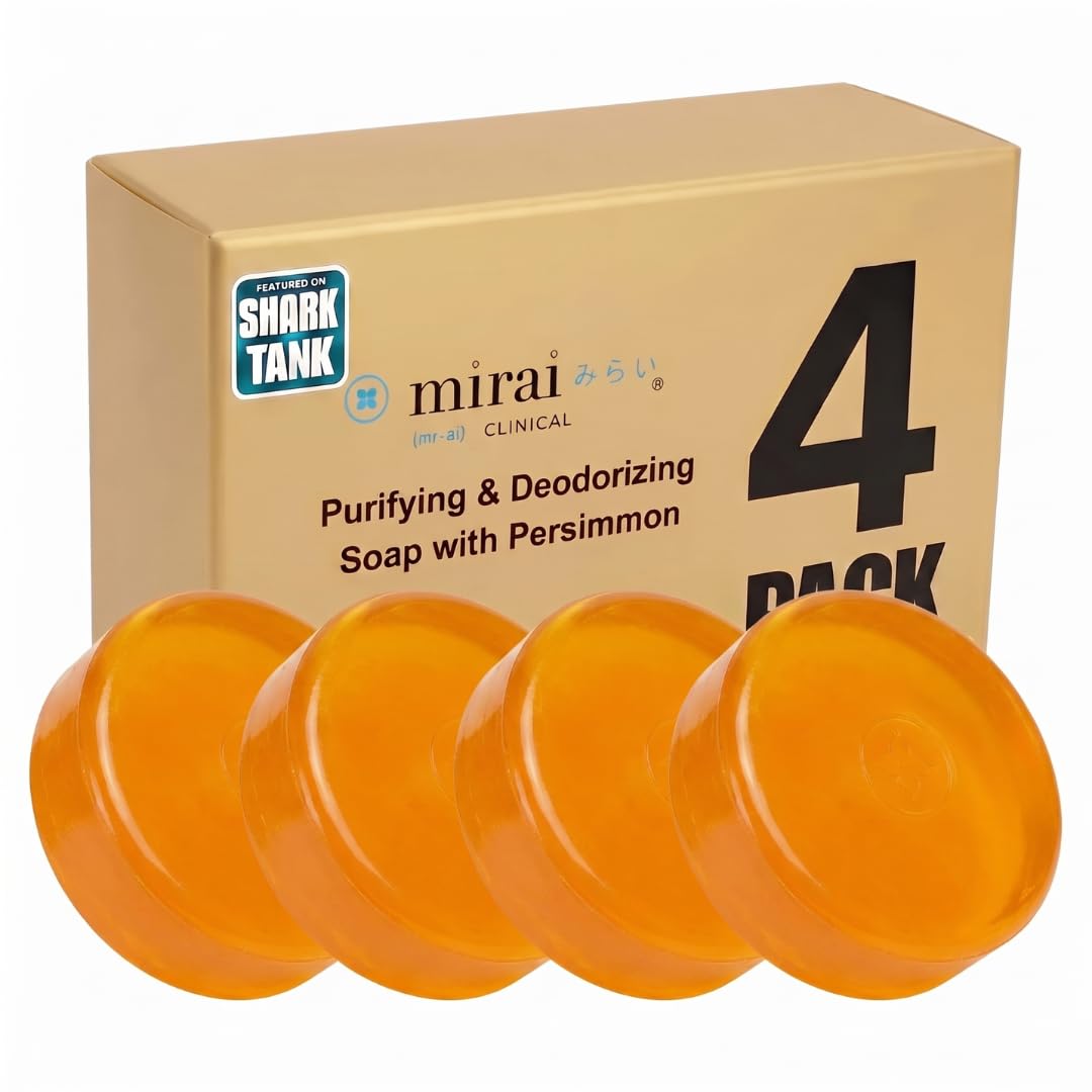 Mirai soap front packaging showing deodorizing benefits and clinical claim