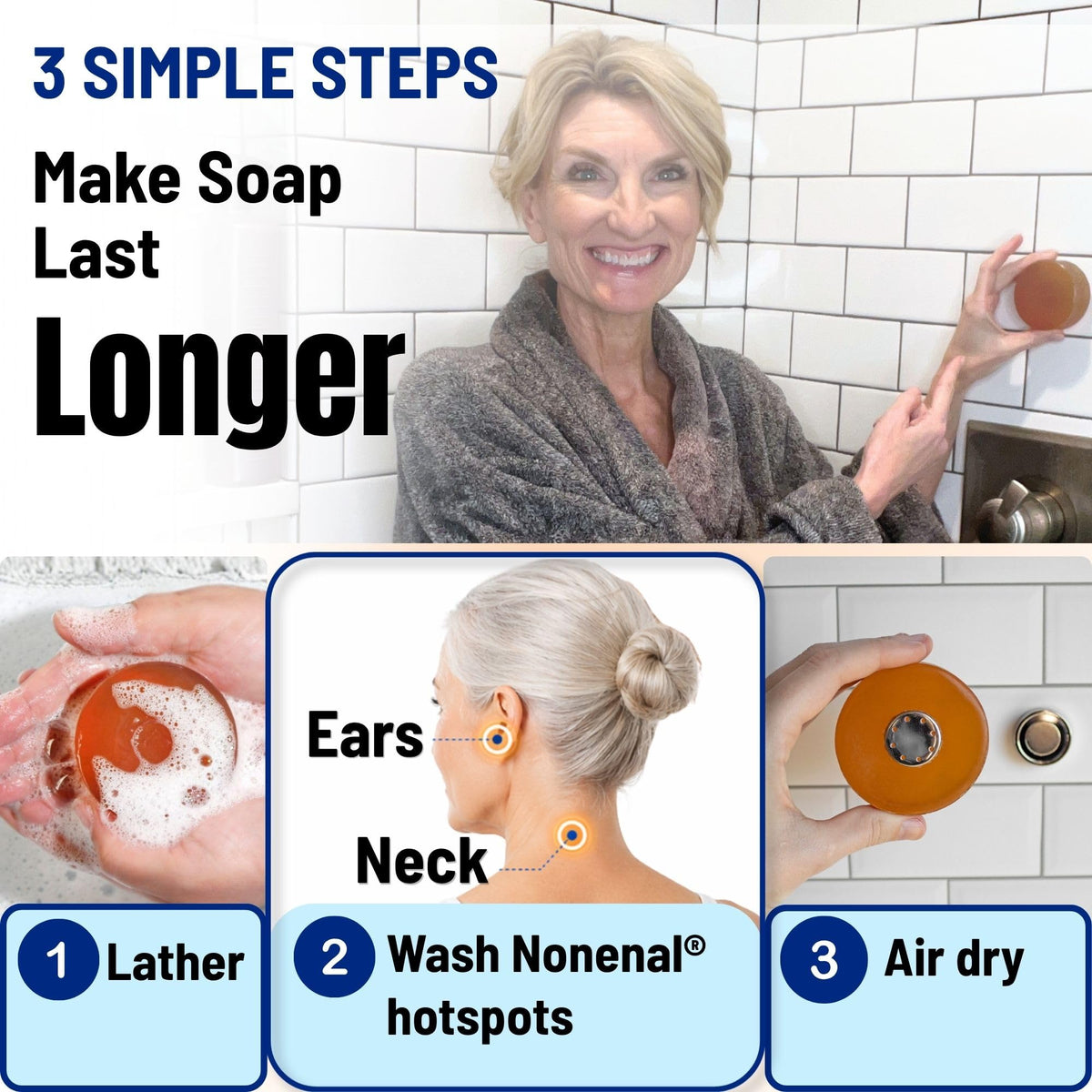 Mirai soap on shower shelf showing daily-use placement and ease