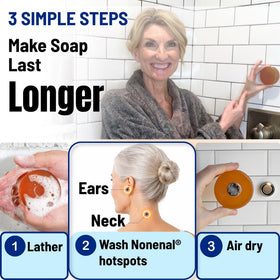 Mirai soap on shower shelf showing daily-use placement and ease