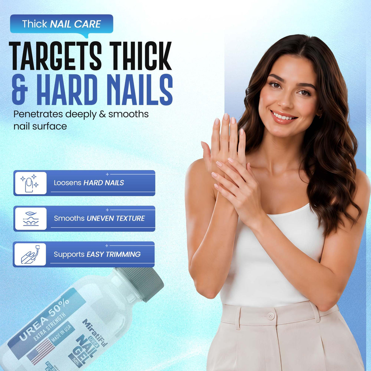 Miratiful clear gel texture on finger demonstrating quick-dry finish