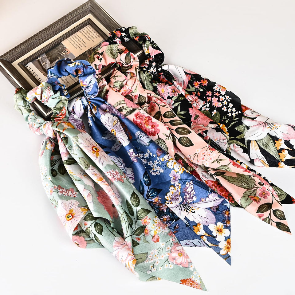 mirlern front view packaging showing four lily scrunchies and colors for styling