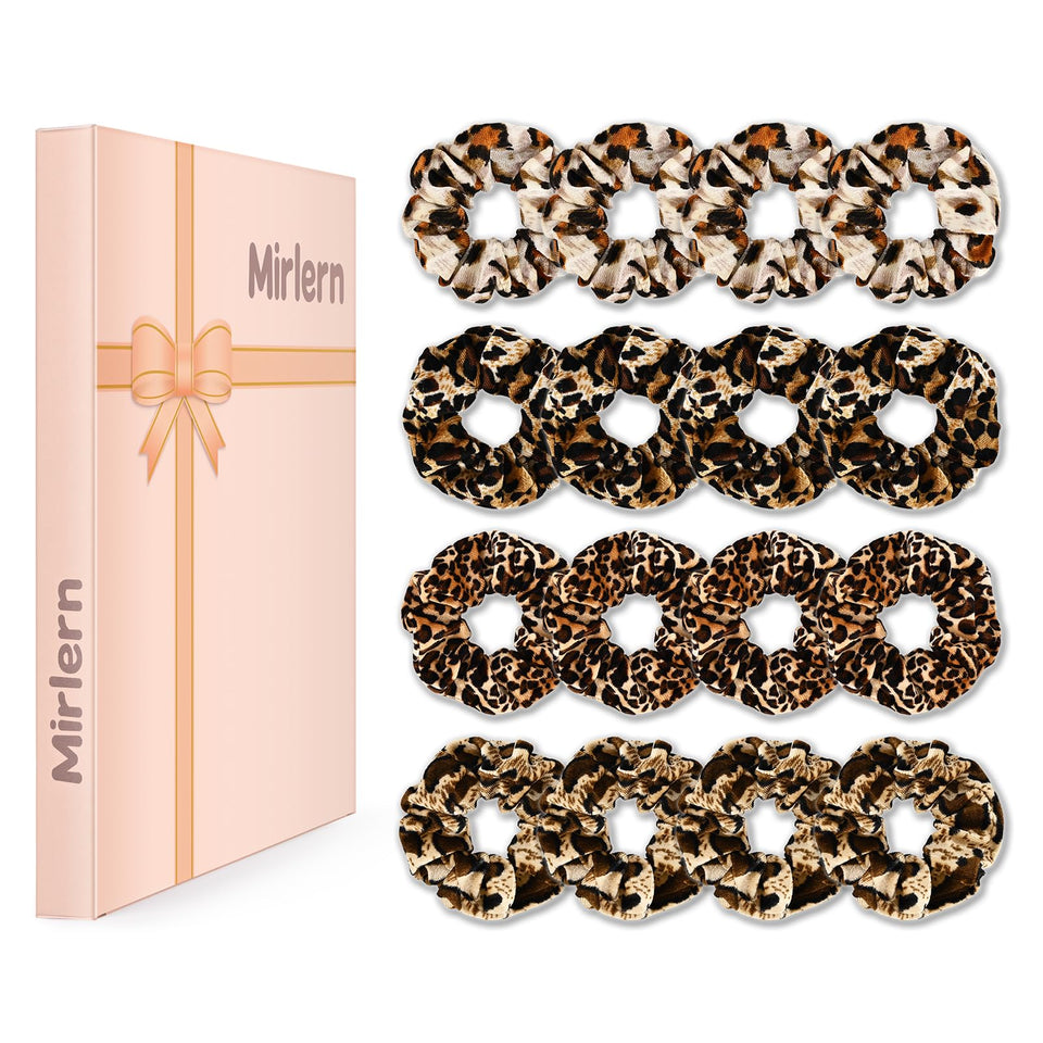 Mirlern leopard scrunchies front view showing full 16-piece set and print benefits