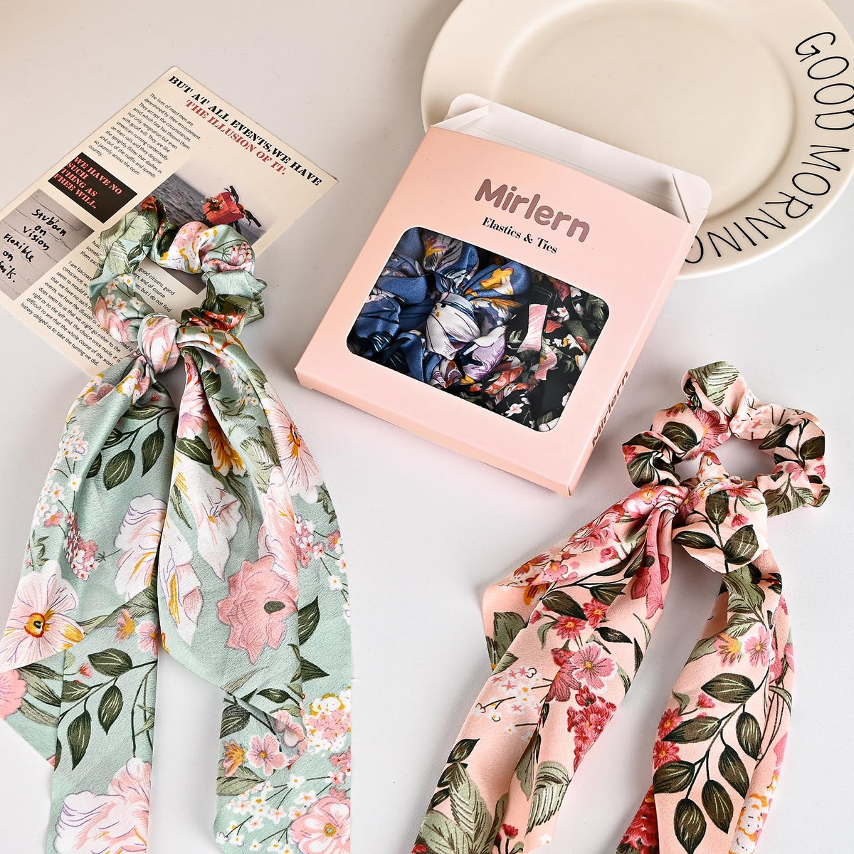 mirlern scrunchie tied in pony demonstrating a polished bow finish and hold