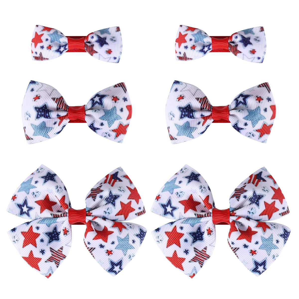 Miroksh front view of six patriotic hair bows, clear holiday styling