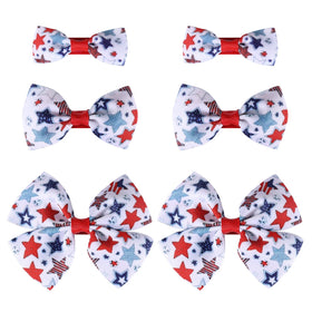 Miroksh front view of six patriotic hair bows, clear holiday styling