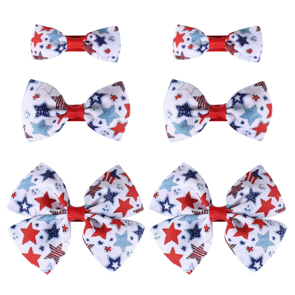 Miroksh front view of six patriotic hair bows, clear holiday styling