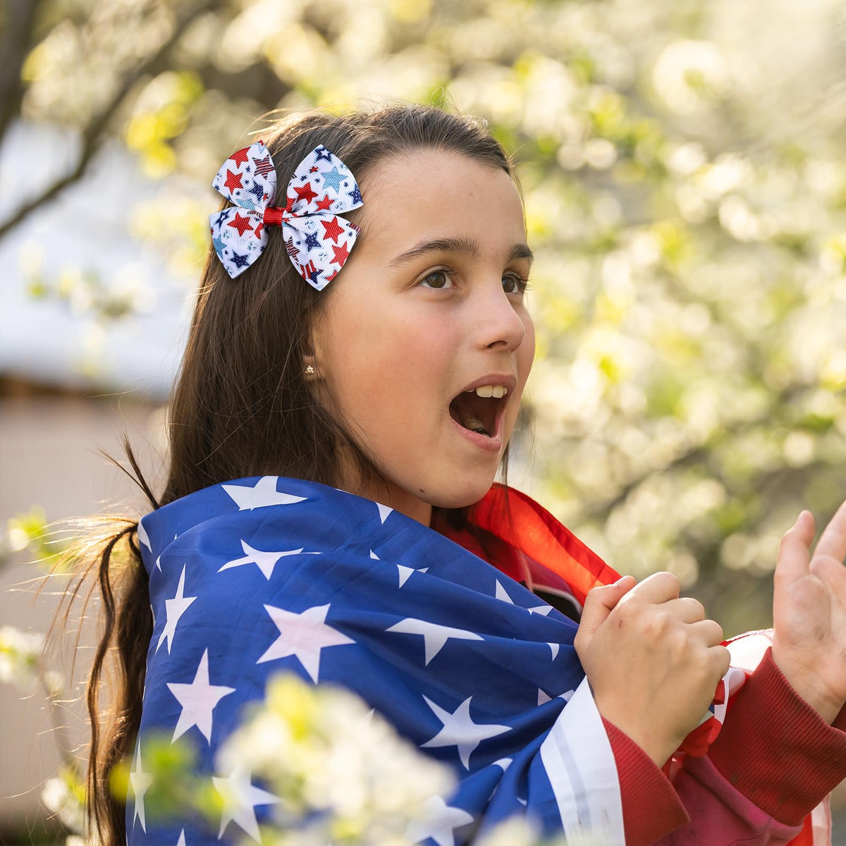 Miroksh young girl wearing bows at parade, cheerful patriotic flair