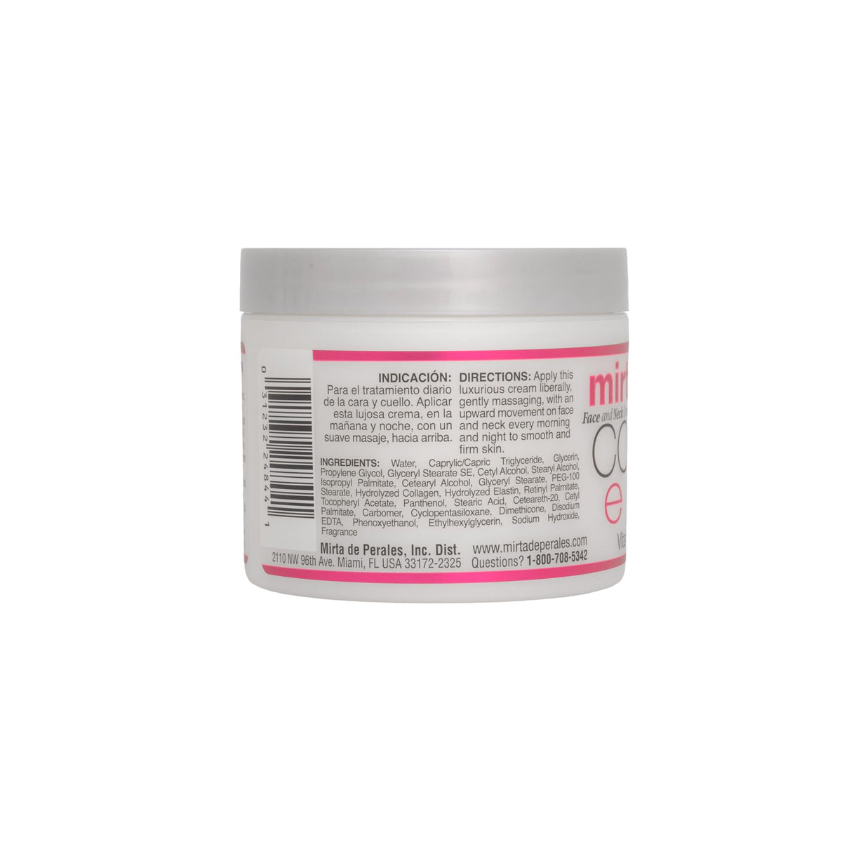 Mirta De Perales ingredients label showing collagen, elastin, vitamins A and E