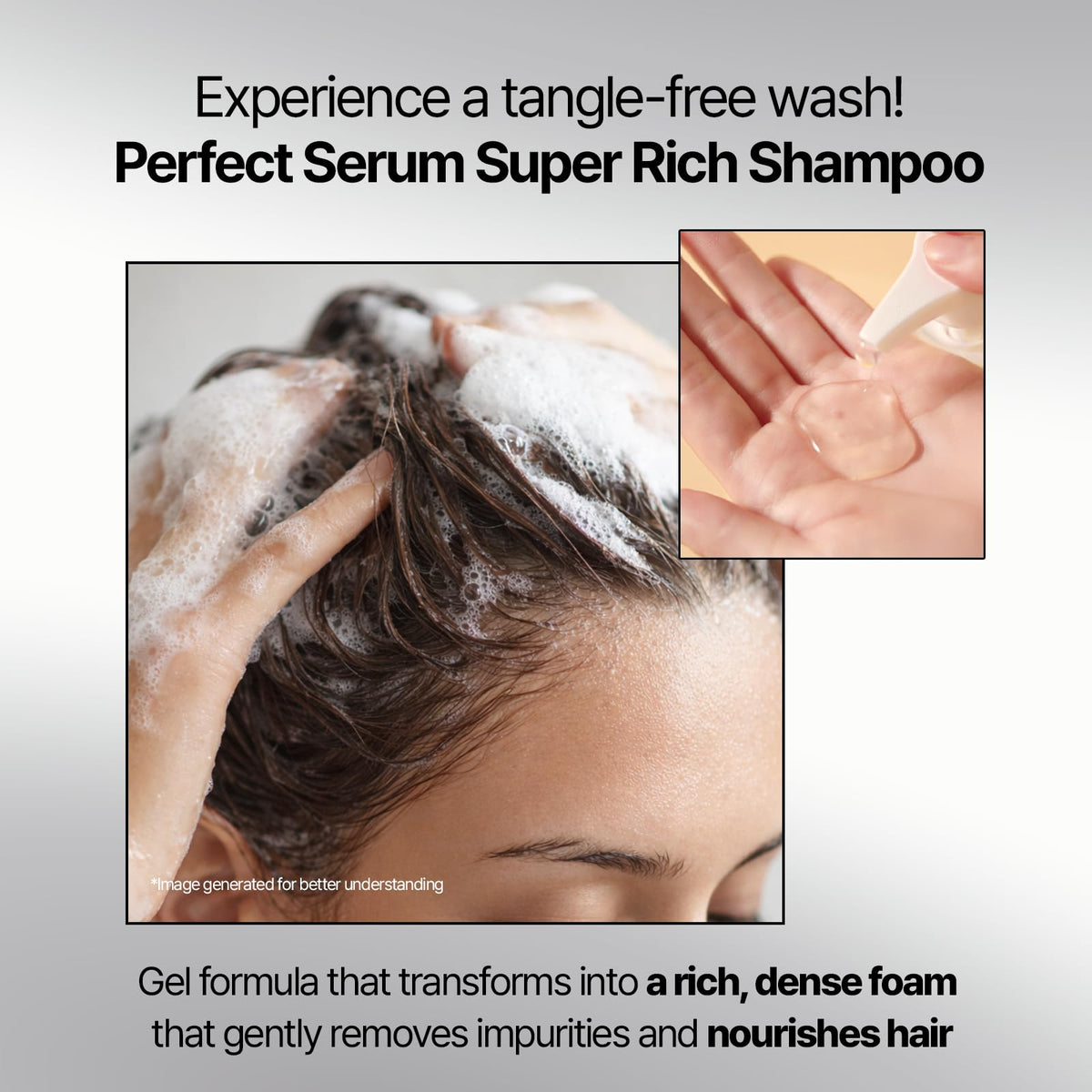 Mise En Scene creamy foam lather on hair, showing gentle cleansing and slip benefit