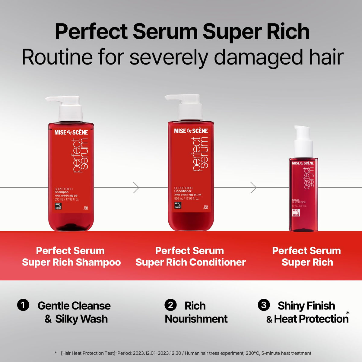 Mise En Scene shampoo in use in shower, displaying smooth application and detangling benefit
