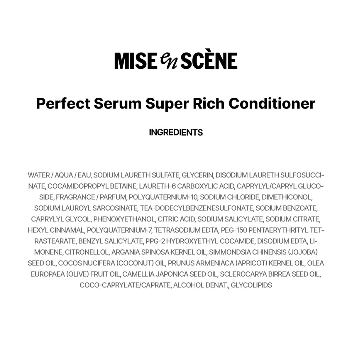Mise En Scene close-up label showing fragrance notes, explains scent profile