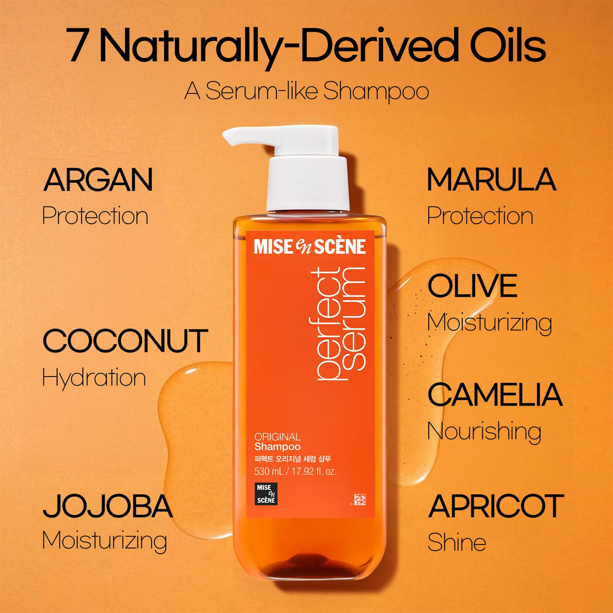 Mise En Scene oil blend close-up highlighting argan and jojoba benefits for shine