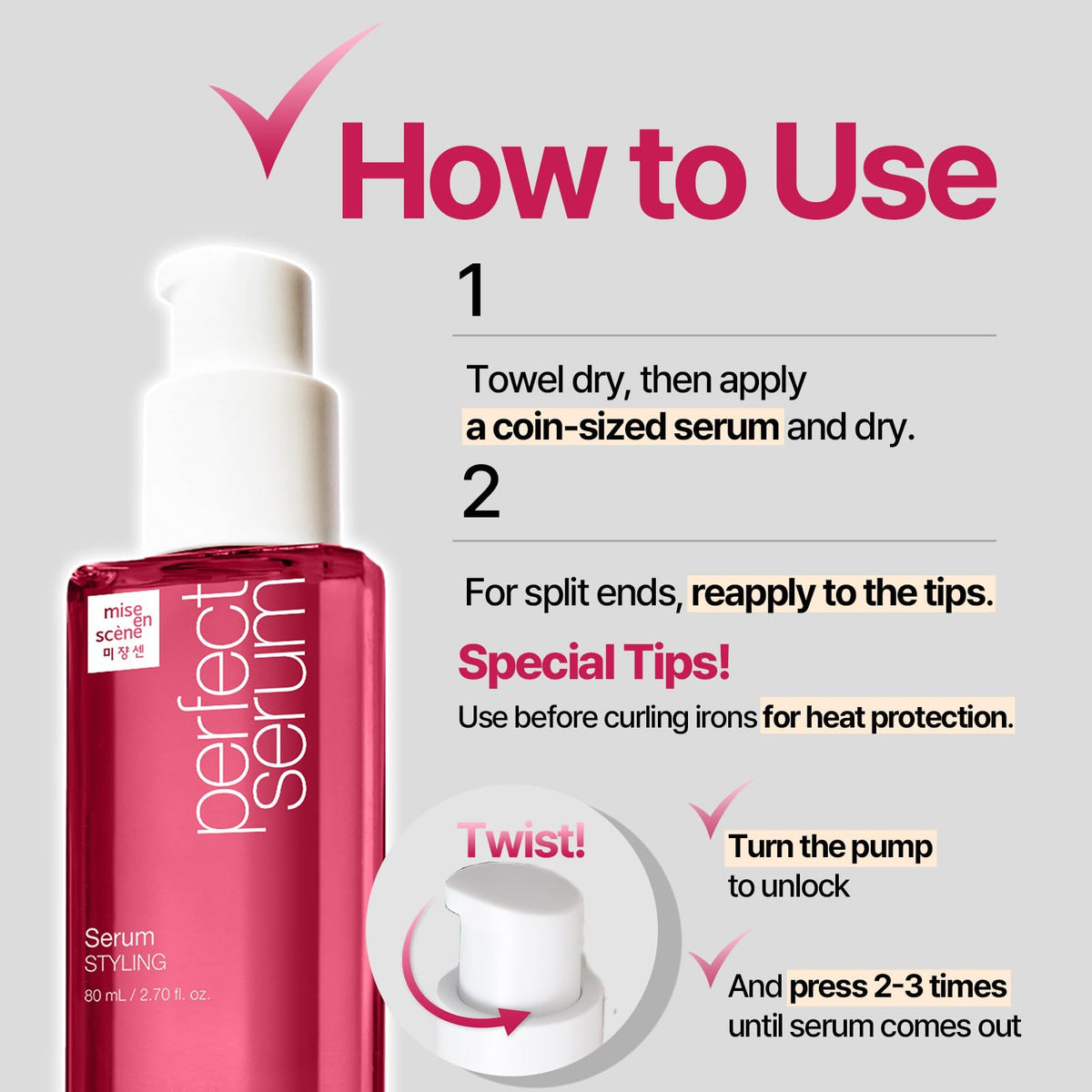 Mise En Scene pump detail delivering precise dose and reduced waste