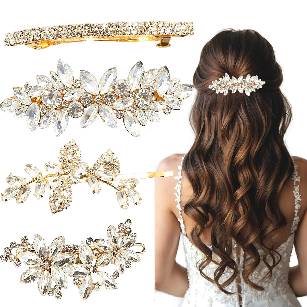 Miskate front view gold rhinestone barrettes showing elegant shine and added glamour
