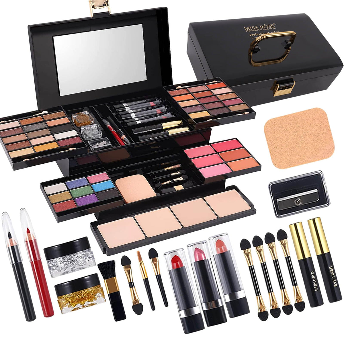 MISS ROSE M compact front view showing full 58-color selection and mirror for convenience